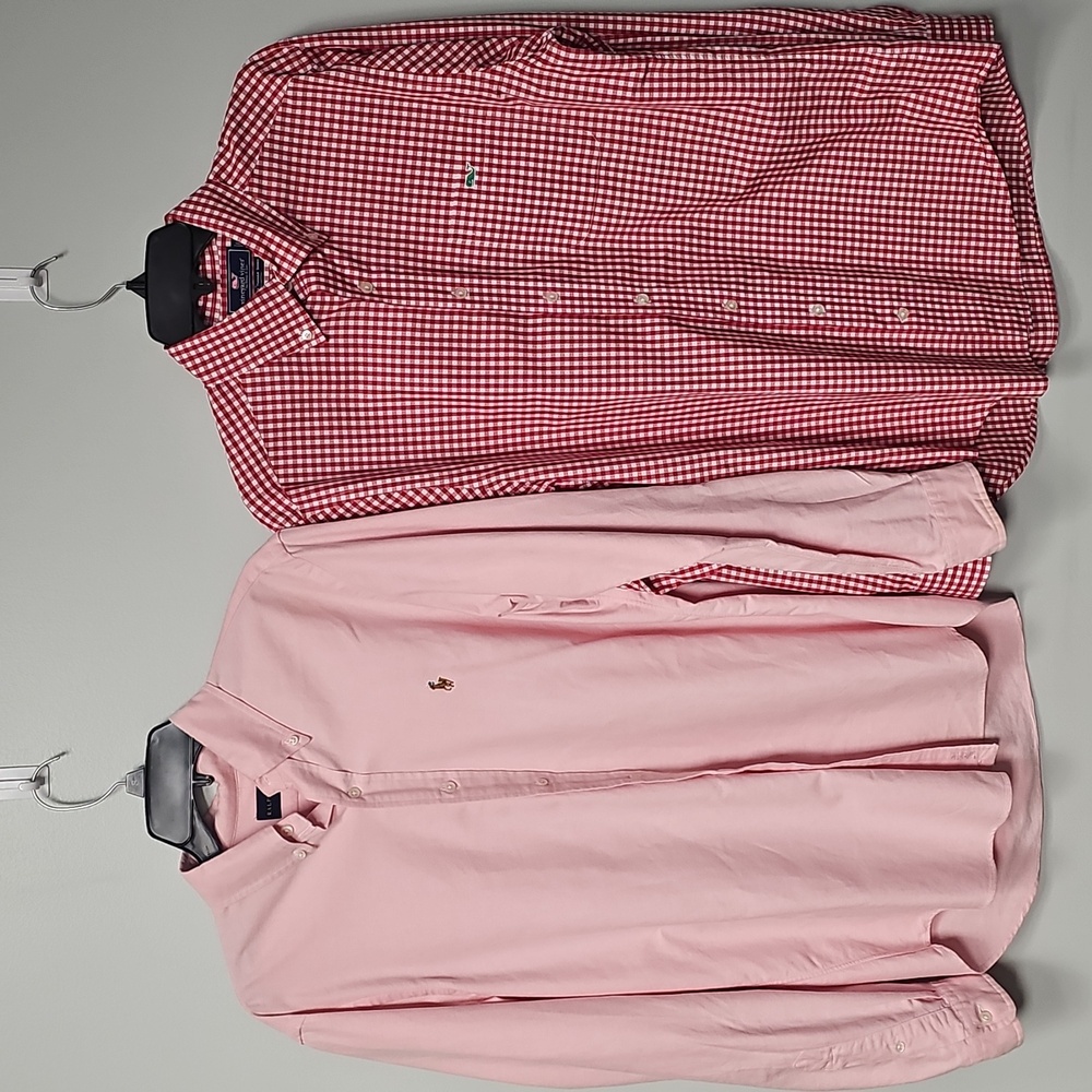 Vineyard Vines Men's Medium Red Check Plaid & Ralph Lauren Peach Button Down